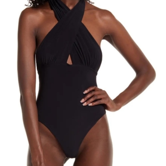 Nordstrom Open Edit Wrap Neck Halter Bodysuit NWOT Black Size Small - Picture 1 of 6